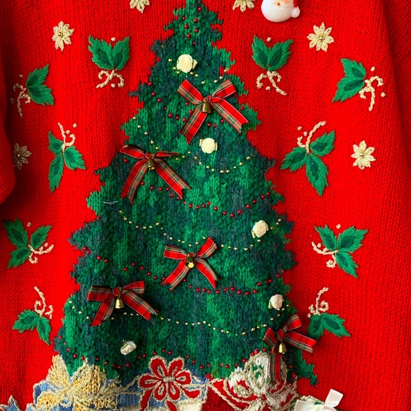 Tiara International Red Christmas Tree Vintage Sweater with Bows and Bea… - Picture 5 of 10